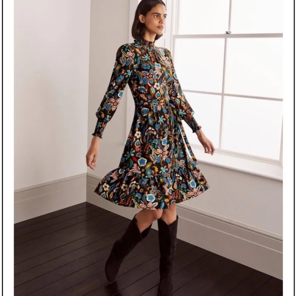 Boden Carrie Smocked Floral Paisley Mini Dress Long Sleeve Ruffle Size 2R